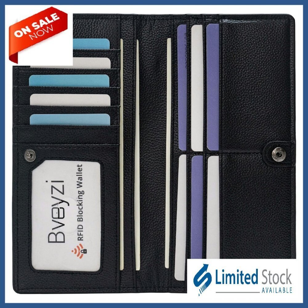 Slim RFID Blocking Leather Wallet Clutch with 11 Card Slots